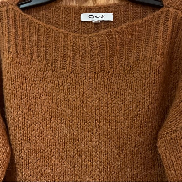 Madewell Cable-Sleeve Boatneck Boxy Cropped Wool Sweater in Saddle Brown Size XS - Picture 6 of 11